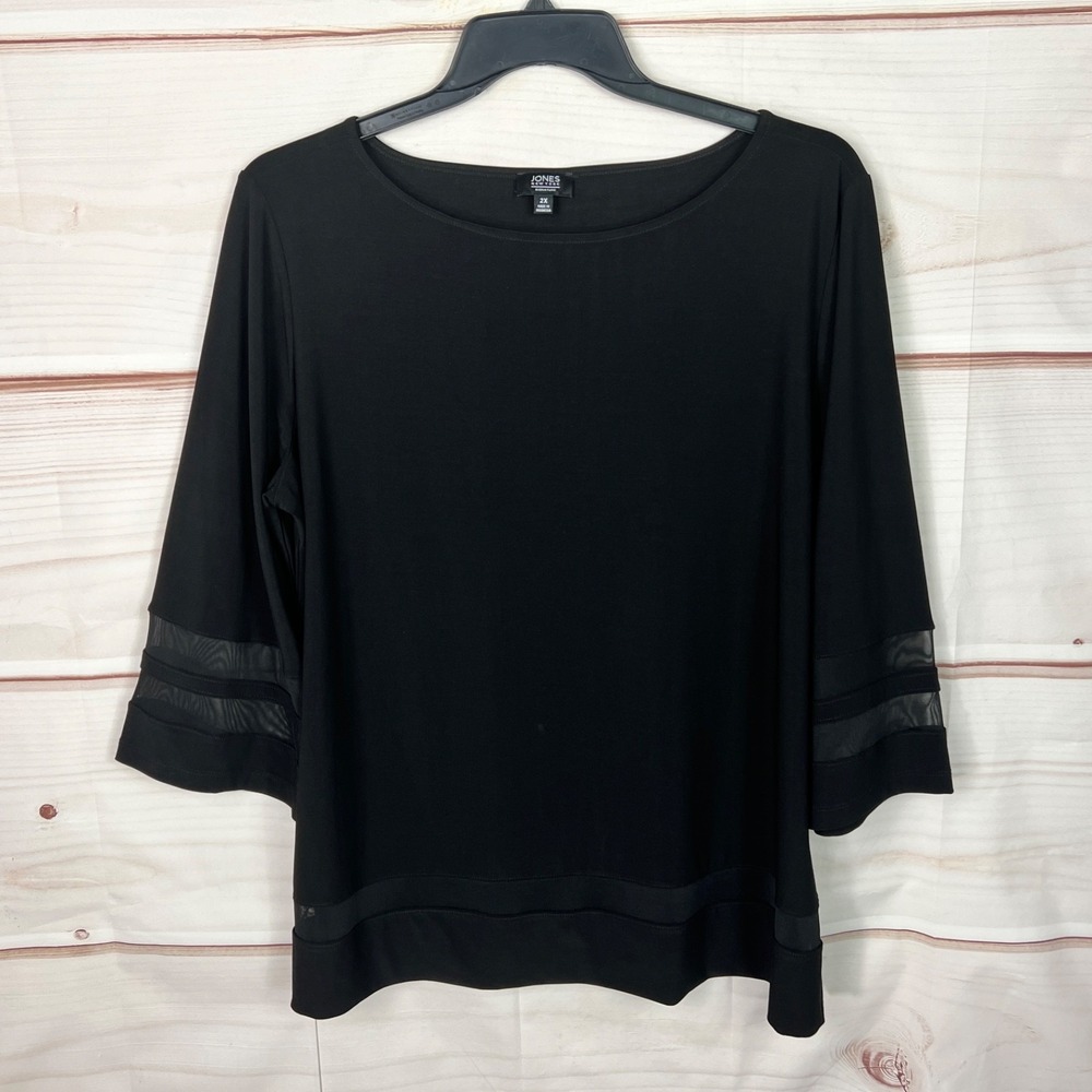 Jones New York Top Womens 2X Black Knit Blouse Mesh Trim Boat Neck Tunic Solid